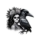 Mexican woman with Catrina paint holding a raven perched tattoo design idea