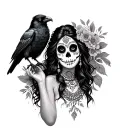 Mexican woman with Catrina paint holding a raven perched tattoo design idea