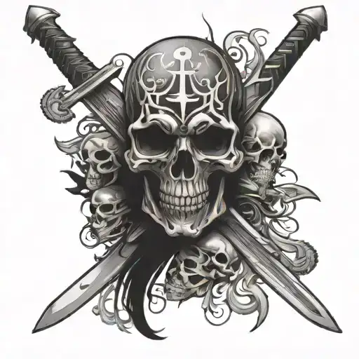 a full sleeve tattoo with skulls and swords crossed tattoo design idea