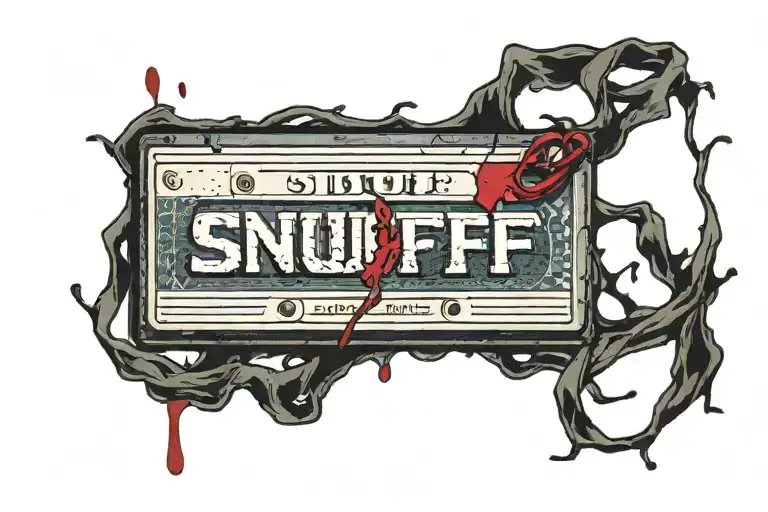 A bloody VHS tape with the word "SNUFF" written on the tape. tattoo design idea