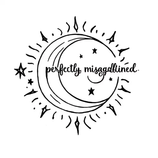 sun and moon, surrounded by stars, with quote "perfectly misaglined" tattoo design idea