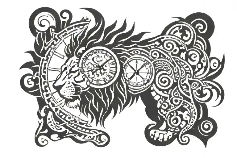 lion and clock face tattoo design idea