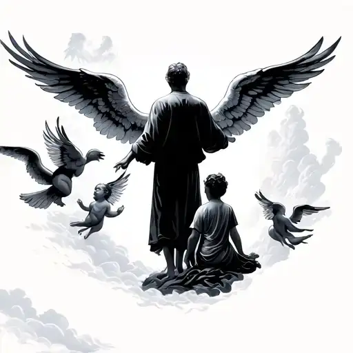 dad in heaven watching down on his son with angels flying tattoo design idea