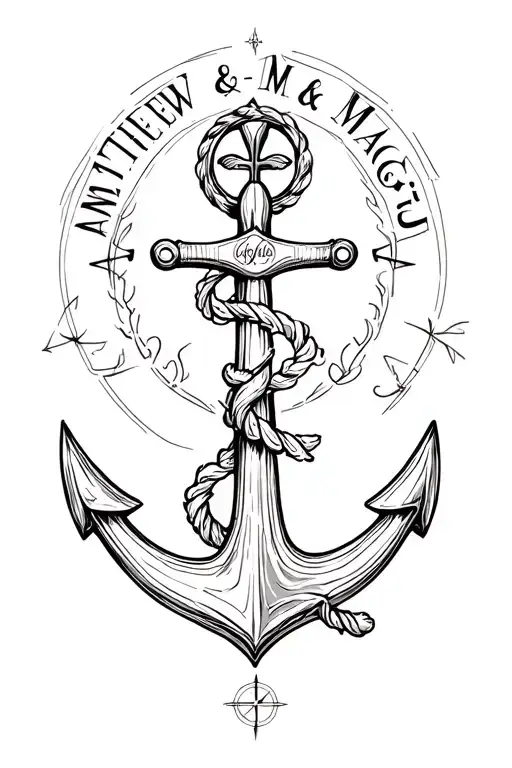 anchor with fluer de lis as stem, names matthew & maggie as the bottom, compass on top.  Incorporating fire & path  tattoo design idea