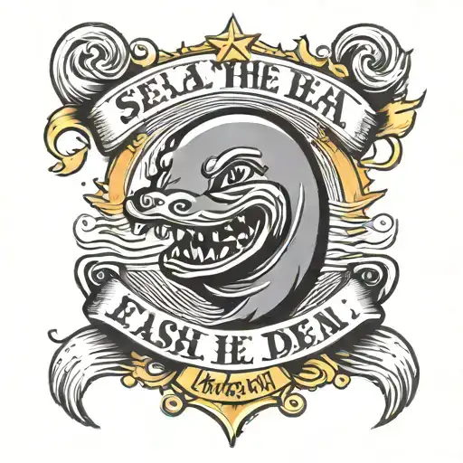 Make a traditional flash tattoo with the text 'Seal the deal and let's boogie for a while' tattoo design idea