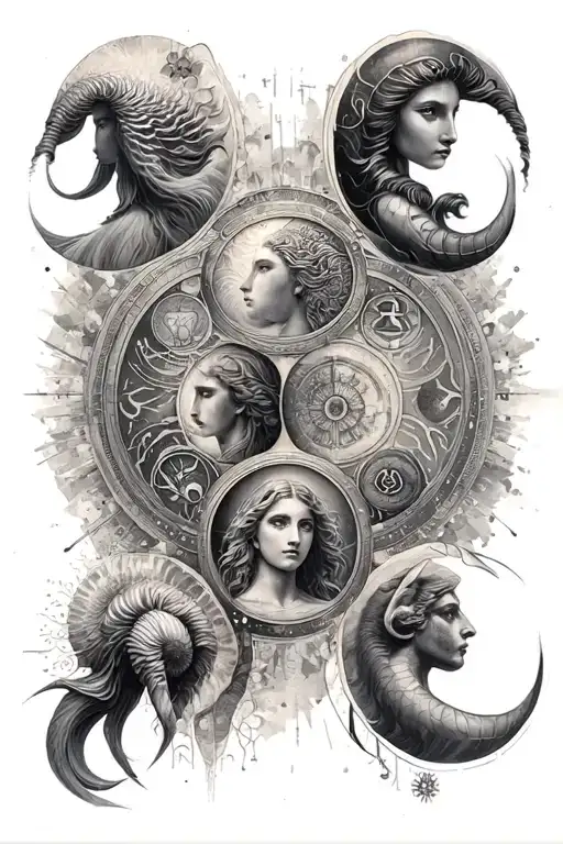 Aquarius and virgo and Aries zodiac sign all together keep circular symbols just change to above zodiacs in the circles  tattoo design idea