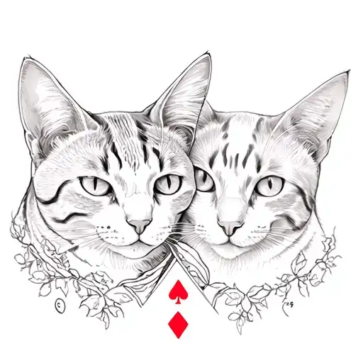 two cats heads together with vines and playing cards tattoo design idea