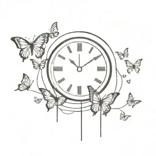 A minimalist tattoo of a clock melting into a puddle of butterflies tattoo design idea