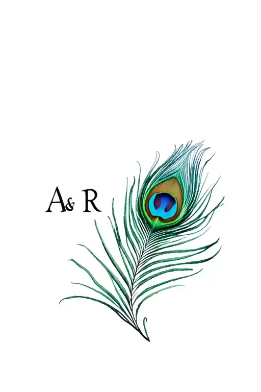 infuse the letters A & R in small font into a colorful peacock feather intertwined tattoo design idea