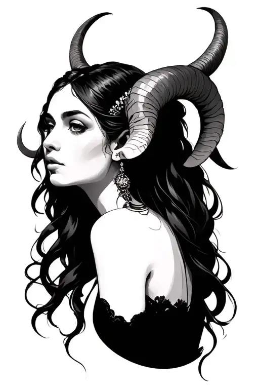 woman with ram horns tattoo design idea