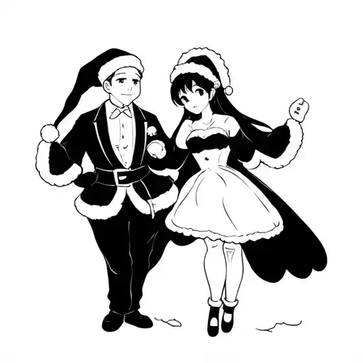 Japanese anime husband and wife dressed as Mr and Mrs Santa clause tattoo design idea