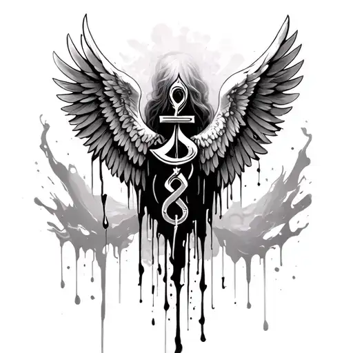 angel wings with heavy khanda and blood on them tattoo design idea