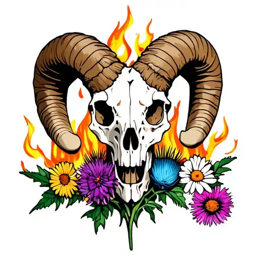 ram skull and sweat peas thistle daisy with fire coming tattoo design idea