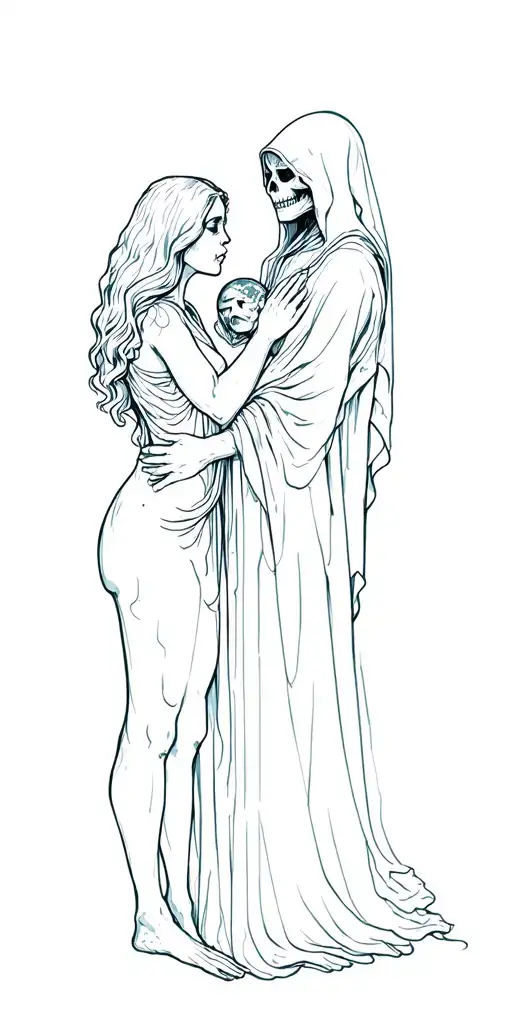 human Mother Earth and grim reaper in love  tattoo design idea