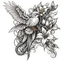 vines with thorns wrapping arm with lily flowers and a dove   tattoo design idea