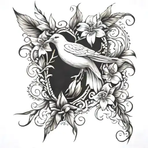 vines with thorns wrapping arm with lily flowers and a dove   tattoo design idea