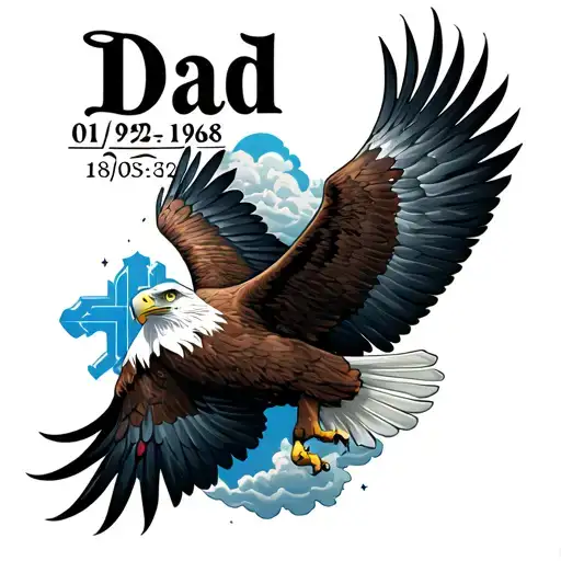 "Dad 01/02/1958-18/09/2024" rememberance tattoo design featuring an eagle, clouds and the Australian southern Cross stars tattoo design idea