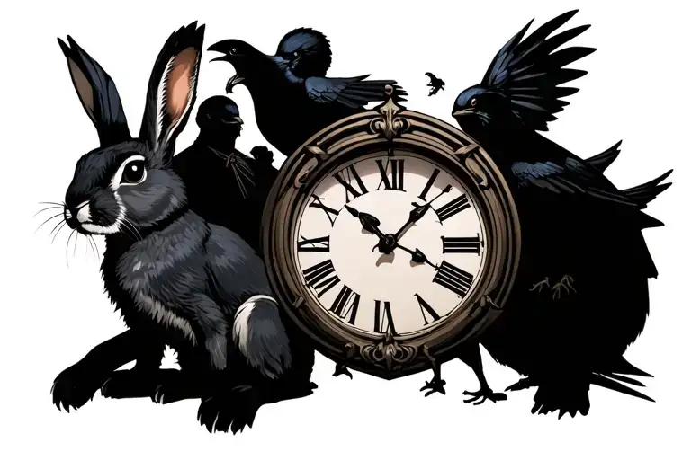 I want it to represent a group of men at the base with a rabbit with a clock and some crows in the middle tattoo design idea