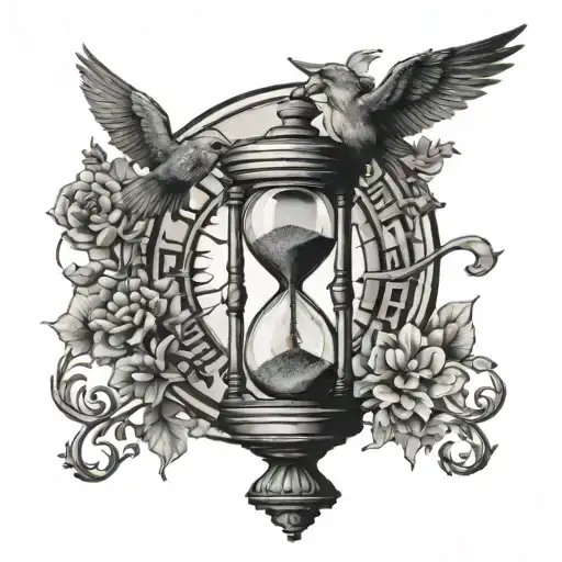 hour glass birds spiral staircase circling around arm tattoo design idea