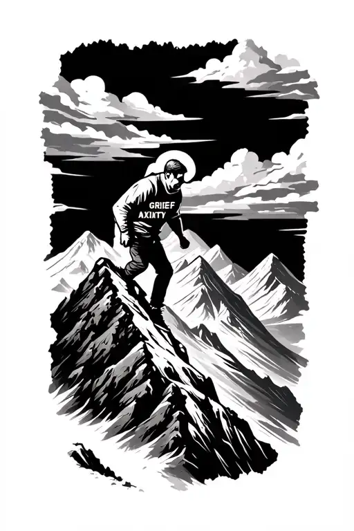 a man climbing a mountain with the words "depression, anxiety, grief and failures" written in the outline of the mountai tattoo design idea
