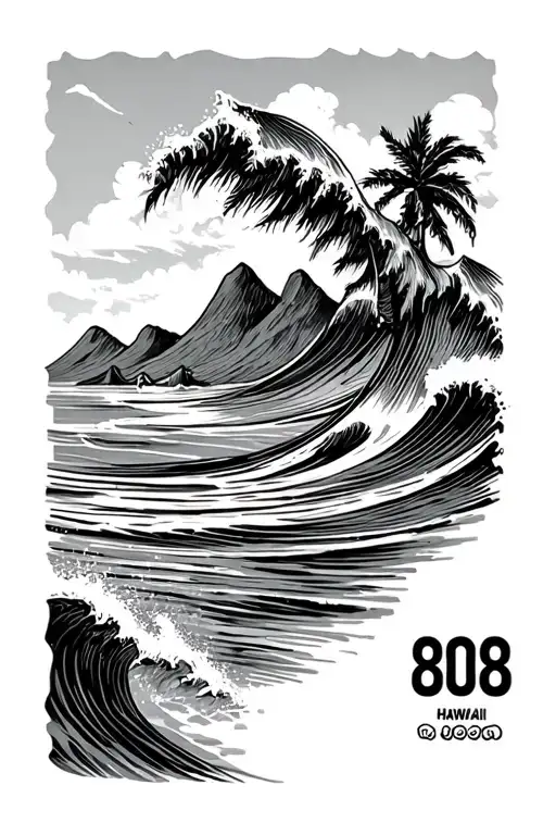a stamp with a wave and hawaiian mountains with 808 in the corner tattoo design idea