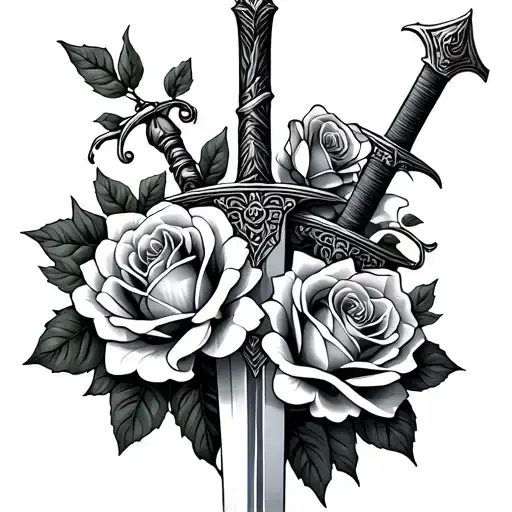 Greek roses and sword wrapped tattoo design idea