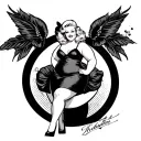 (old school traditional) ((full body)) curvy plus size chubby blonde pinup girl wearing black dress and black high heels tattoo design idea