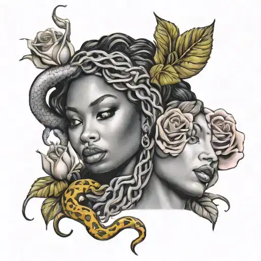 two half black woman face behind snakes and roses color tattoo design idea