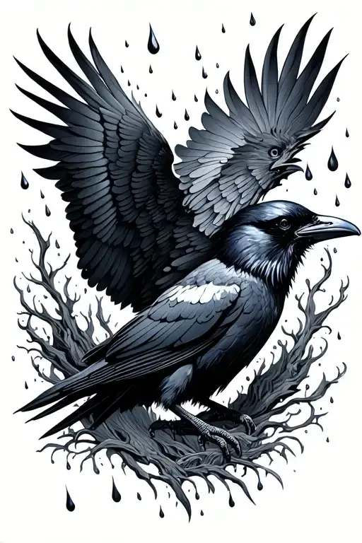 raven surrounded my rain falling tattoo design idea