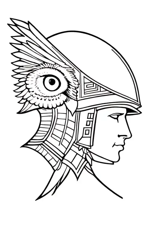 Athena and owl and greek soldier helmet tattoo design idea