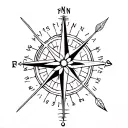simple compass cross with arrow pointing North with small lotus flower in bottom right hand corner tattoo design idea