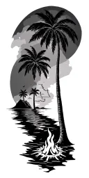 Palm tree and ocean, map and campfire, compass tattoo design idea