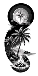 Palm tree and ocean, map and campfire, compass tattoo design idea