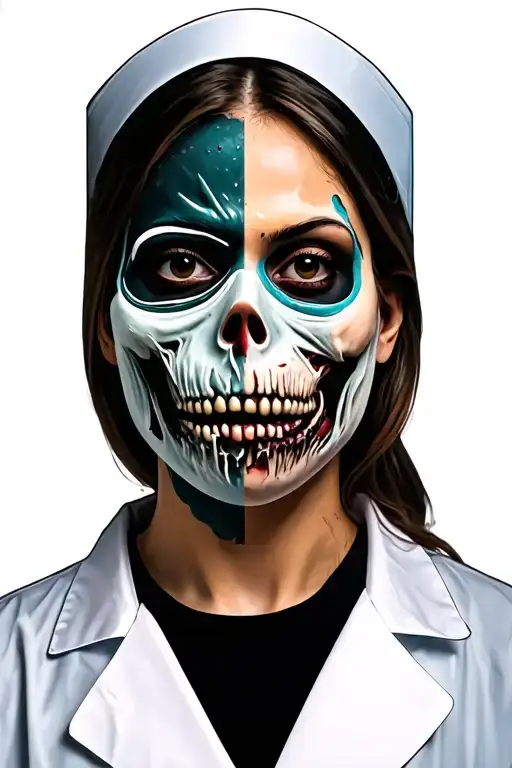  a nurses with half zombie face removing dr.plague mask, make her with straight icy b tattoo design idea