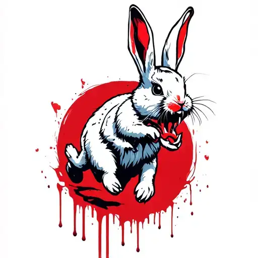 white rabbit running in dark wood with blood dripping from fangs tattoo design idea