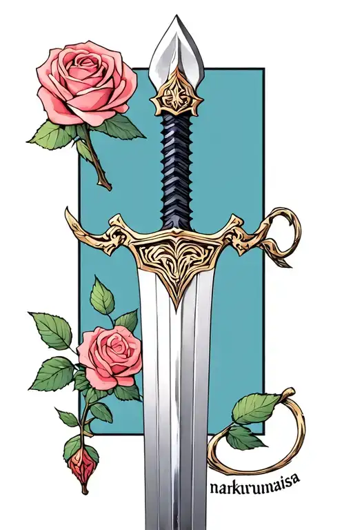 sword with a small rose and the word "nankurunaisa" in it tattoo design idea