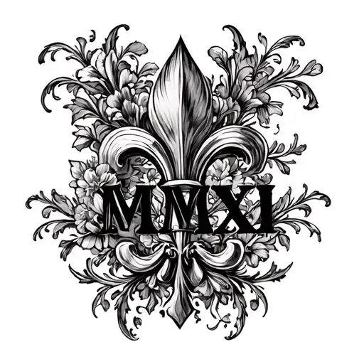the text "MMXI" with a gothic-baroque fusion floral (fleur de lis style) that is seeminglly growing over and under text tattoo design idea