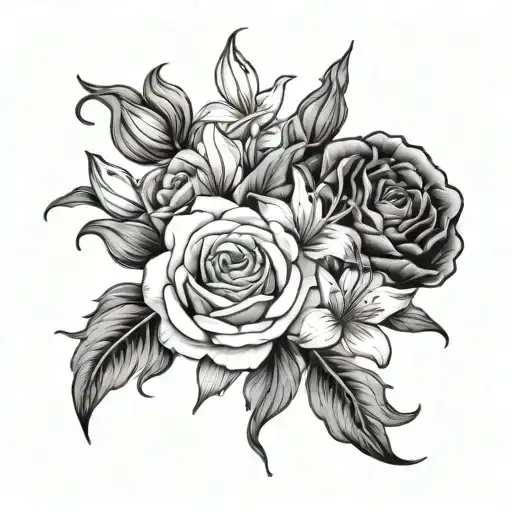 bouqet containing roses, daisies or sweet peas, marigolds or cosmos and gladiolus or poppies and lilies of tattoo design idea