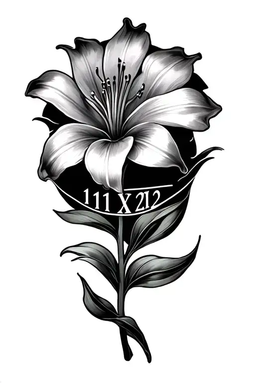 Lilly flower with horizon in background and Roman numerals 11:30 and 11/21/22 tattoo design idea