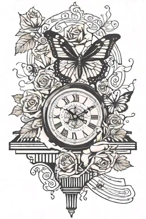 piano keys. broken clock inside. music. rose. butterfly. black subtle colour. tattoo design idea