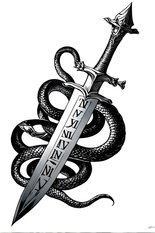 long sword  of excalibur with roman numeral V.VII.MMI running down forearm with a snake wrapped around  tattoo design idea