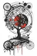 Tree of Life, surrounded by a paintbrush circle, sun and moon in the background tattoo design idea