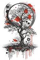 Tree of Life, surrounded by a paintbrush circle, sun and moon in the background tattoo design idea