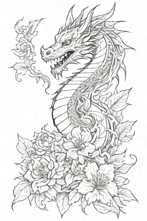 dragon with flowers tattoo design idea