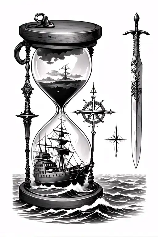 an hourglass with an old battleship on rough seas in the bottom half & a sword, pistol, quill & compass in the top half tattoo design idea