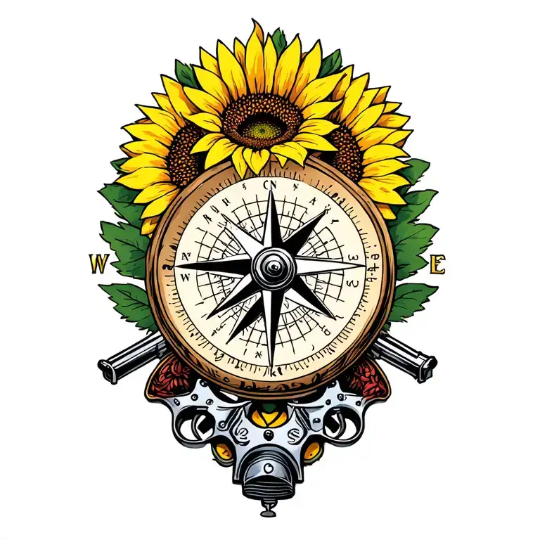Compass, Leo zodiac, sunflower, revolvers sitting in background in x shape, RIP 1947-2025 tattoo design idea