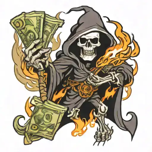 cartoon reaper burning money tattoo design idea