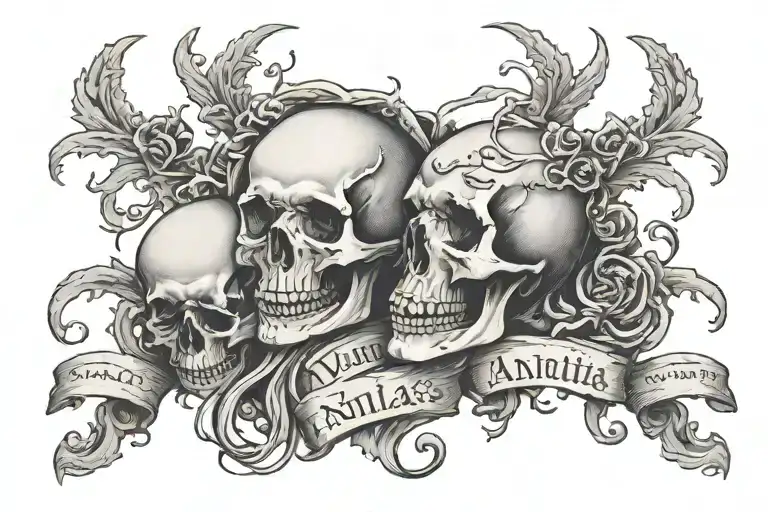 text vanitas vanitatum et omnia vanitas, with hands, death, etc, no skulls, the text must be written tattoo design idea