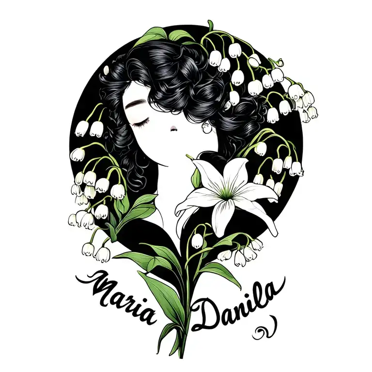 lily of the valley flower going from my bust area to my back sholder with the name "maria Daniela" in script  tattoo design idea