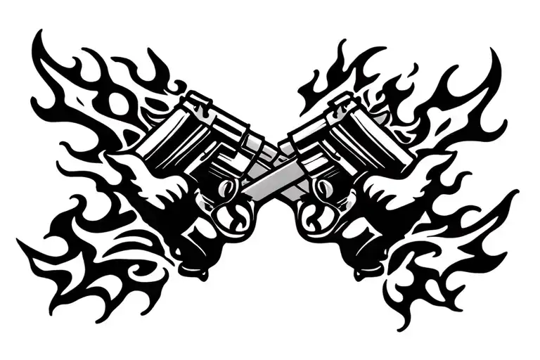 duel hand cannons crossed inward with flames around it tattoo design idea